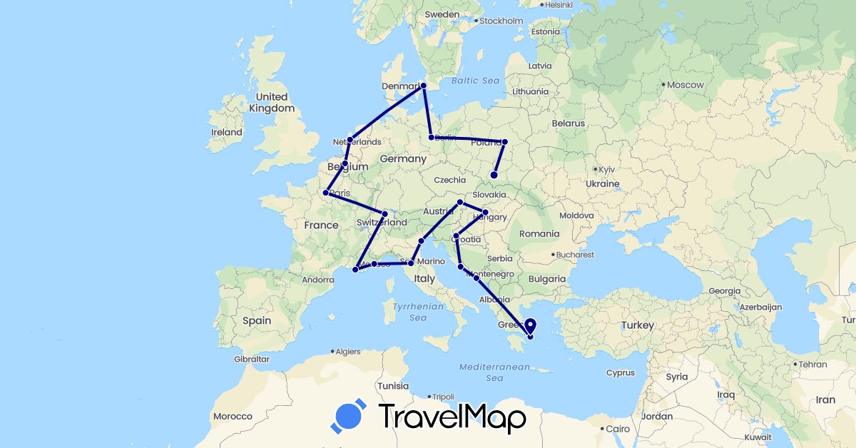 TravelMap itinerary: driving in Austria, Belgium, Switzerland, Germany, Denmark, France, Greece, Croatia, Hungary, Italy, Monaco, Netherlands, Poland (Europe)